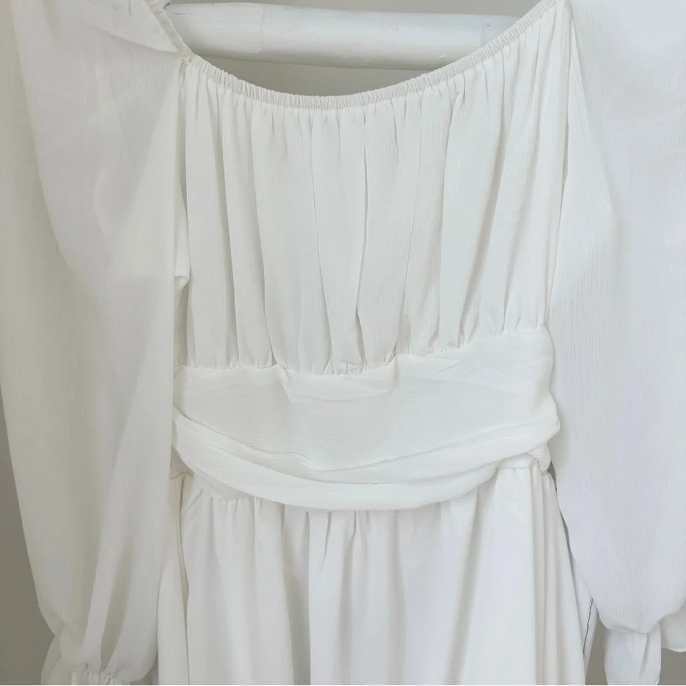 Exlura Long Lantern Sleeve Square Neck Elastic Waist Aline Casual Mini Dress